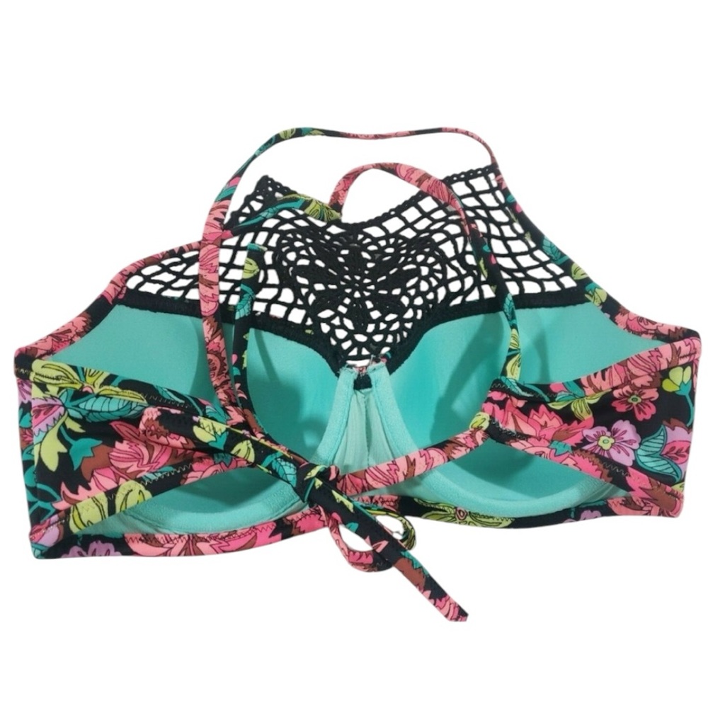 SHADE & SHORE Black Floral Halter Bikini Top w/ Pink/Teal Accents Size 36C - NWT - Picture 3 of 8